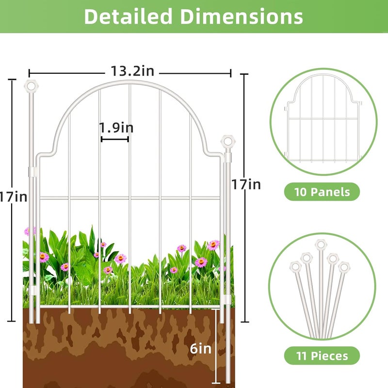 Blingluck Decorative Garden Fence 17in (H) x 10ft (L), 10 Pack Metal No Dig Garden Fencing Animal Barrier for Dogs & Rabbit, Arched Flower Bed Edging Ornamental with Ground Stake for Yard & Patio, White - Image 2